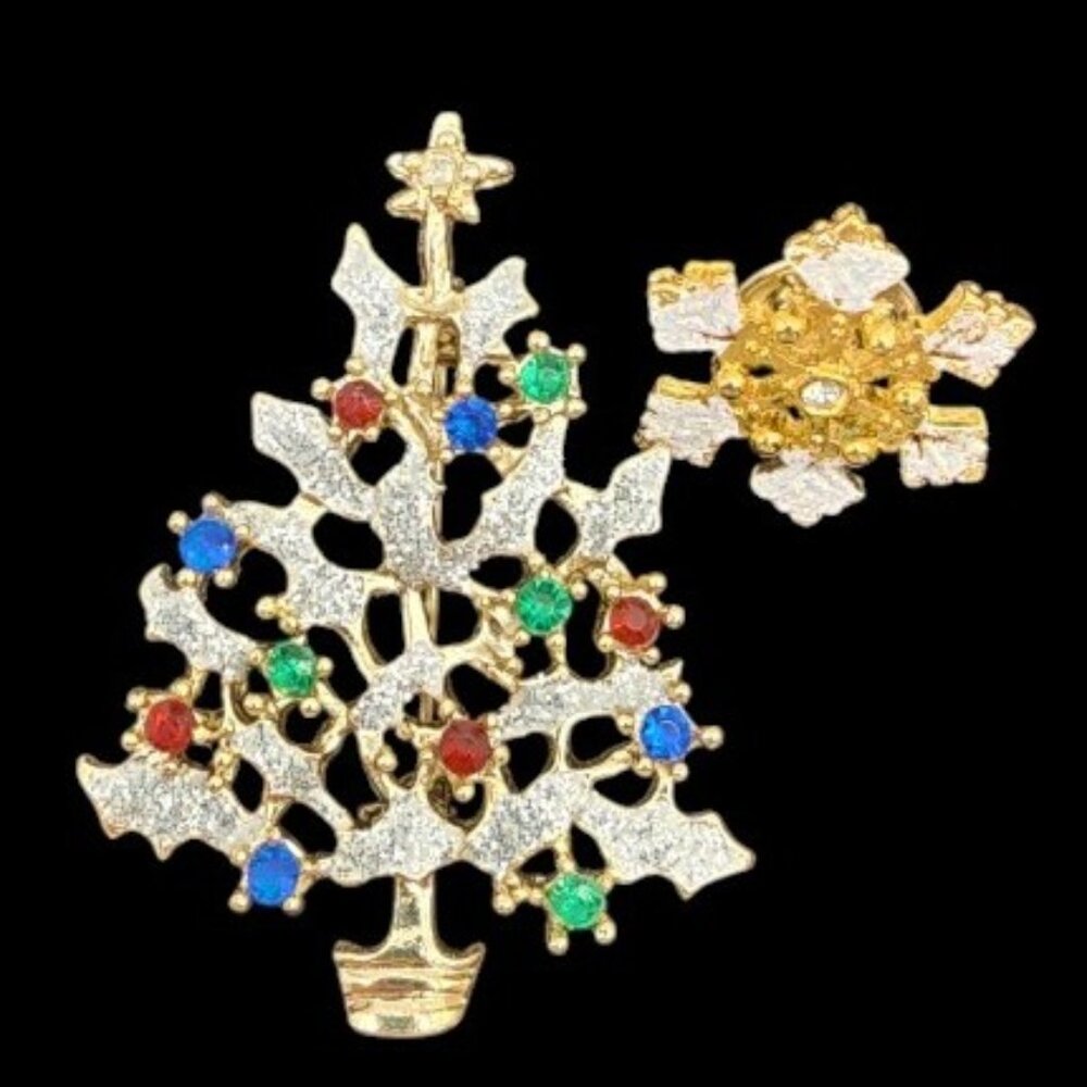 Christmas Tree and Snowflake Brooch Gold Tone White Glitter Enamel Rhinestones